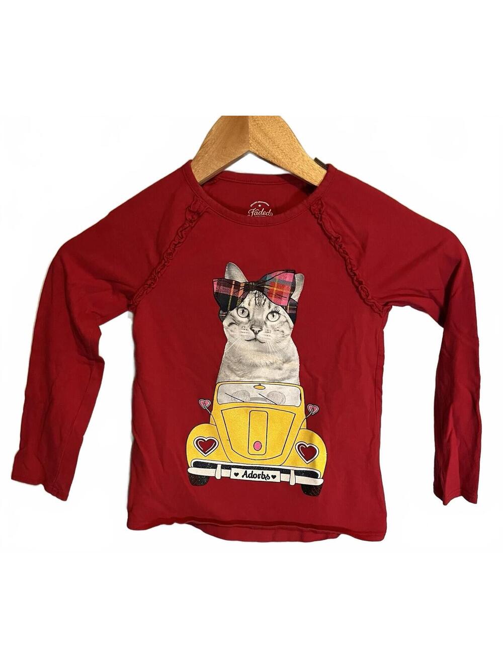 Girls 5 Cotton Volkswagen VW Beetle Bug Cat Kitty Red Long Sleeve Shirt Raglan